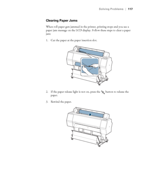 Page 117117
Solving Problems|117
Clearing Paper Jams
When roll paper gets jammed in the printer, printing stops and you see a 
paper jam message on the LCD display. Follow these steps to clear a paper 
jam:
1. Cut the paper at the paper insertion slot.
2. If the paper release light is not on, press the   button to release the 
paper.
3. Rewind the paper.
 