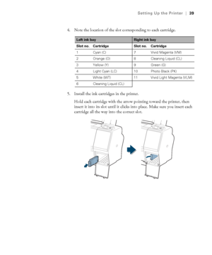 Page 3939
Setting Up the Printer|39
4. Note the location of the slot corresponding to each cartridge.
5. Install the ink cartridges in the printer.
Hold each cartridge with the arrow pointing toward the printer, then 
insert it into its slot until it clicks into place. Make sure you insert each 
cartridge all the way into the correct slot.
Left ink bayRight ink bay
Slot no. Cartridge Slot no. Cartridge
1 Cyan (C) 7 Vivid Magenta (VM)
2 Orange (O) 8 Cleaning Liquid (CL)
3 Yellow (Y) 9 Green (G)
4 Light Cyan (LC)...