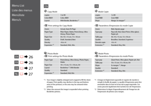 Page 26


Menu List
Liste des menus
Menüliste
Menu’s
ENR & 26
copies1 to 99
Color/B&WColor, B&W
LayoutWith Border, Borderless *¹
EN
r Copy Mode
ZoomActual, Auto Fit Page
Paper TypePlain Paper, Matte, Prem.Glossy, Ultra Glossy, Photo Paper
Paper Size A4, 10 × 15 cm, 13 × 18 cm
QualityDraft, Standard, Best
Density-4 to +4
Expansion *²Standard, Mid., Min.
x Print settings for Copy Mode
*1 Your image is slightly enlarged and cropped to fill the sheet of paper. Print quality may decline in the top and...