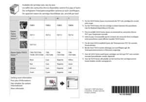 Page 68
Copyright © 2009 Seiko Epson Corporation.  All rights reserved.Printed in XXXXXX
BCMY
Epson Stylus SX410 Series *¹
T0891T0892T0893T0894
T0711T0712T0713T0714
T0711H---
Epson Stylus TX410 Series *²73N (T0731N)/73HN (T0731HN)73N (T0732N)73N (T0733N)73N (T0734N)
ENBlackCyanMagentaYellow
FRNoirCyanMagentaJaune
DESchwarzCyanMagentaGelb
NLZwartCyaanMagentaGeel
Available ink cartridge sizes vary by area.
Les tailles des cartouches d’encre disponibles varient d’un pays à l’autre.
Die verfügbaren...