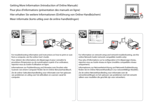 Page 2

Getting More Information (Introduction of Online Manuals)
Pour plus d’informations (présentation des manuels en ligne)
Hier erhalten Sie weitere Informationen (Einführung von Online-Handbüchern)
Meer informatie (korte uitleg over de online-handleidingen)
For troubleshooting information and instructions on how to print or scan from a computer, see the online User’s Guide.
Pour obtenir des informations de dépannage et pour connaître la procédure d’impression ou de numérisation à partir d’un...