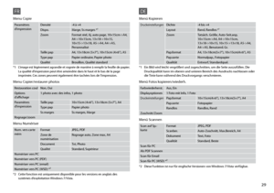 Page 29

Paramètres d’impressionDensité-4 à +4
Dispo.Marge, Ss marges *¹
ZoomFormat réel, Aj. auto page, 10×15cm->A4, A4->10×15cm, 13×18->10×15,  10×15->13×18, A5->A4, A4->A5, Personnalisé
Taille papA4, 13×18cm (5×7”), 10×15cm (4×6”), A5
Type papPapier ordinaire, Papier photo
QualitéBrouillon, Qualité standard
*1  L’image est légèrement agrandie et rognée de manière à remplir la feuille de papier. 
La qualité d’impression peut être amoindrie dans le haut et le bas de la page imprimée. Ces zones...