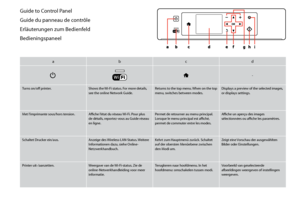 Page 8


Guide to Control Panel
Guide du panneau de contrôle
Erläuterungen zum Bedienfeld
Bedieningspaneel
abcd
P-
Turns on/off printer.Shows the Wi-Fi status. For more details, see the online Network Guide.Returns to the top menu. When on the top menu, switches between modes.Displays a preview of the selected images, or displays settings.
Met l’imprimante sous/hors tension.Affiche l’état du réseau Wi-Fi. Pour plus de détails, reportez-vous au Guide réseau en ligne.
Permet de retourner au menu principal....