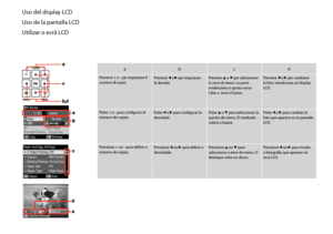Page 12
1

Uso del display LCD
Uso de la pantalla LCD
Utilizar o ecrã LCD
abcd
Premere + o - per impostare il numero di copie.Premere l o r per impostare la densità.Premere u o d per selezionare la voce di menu. La parte evidenziata si sposta verso l’alto o verso il basso.
Premere l o r per cambiare la foto visualizzata sul display LCD.
Pulse + o - para configurar el número de copias.Pulse l o r para configurar la densidad.Pulse u o d para seleccionar la opción de menú. El resaltado subirá o bajará.
Pulse...
