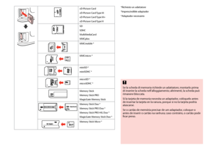Page 22

*Richiesto un adattatore
*Imprescindible adaptador
*Adaptador necessário
Se la scheda di memoria richiede un adattatore, montarlo prima di inserire la scheda nell’alloggiamento; altrimenti, la scheda può rimanere bloccata.
Si la tarjeta de memoria necesita un adaptador, colóquelo antes de insertar la tarjeta en la ranura, porque si no la tarjeta podría atascarse.
Se o cartão de memória precisar de um adaptador, coloque-o antes de inserir o cartão na ranhura; caso contrário, o cartão pode...