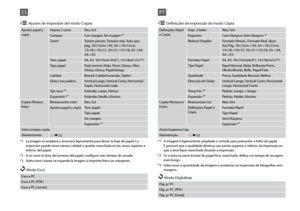 Page 34

Ajustes papel y copiaImpres 2 carasDes, Act
ComposCon margen, Sin margen *¹
ZoomTamño person, Tamaño real, Auto ajus pág, 10×15cm->A4, A4->10×15cm, 13×18->10×15, 10×15->13×18, A5->A4, A4->A5
Tam. papelA4, A5, 10×15cm (4×6”), 13×18cm (5×7”)
Tipo papelPapl normal, Mate, Prem. Glossy, Ultra Glossy, Glossy, Papel fotogr.
CalidadBorrad, Calidad estándar, Óptim
Direcc encuadern.Vertical-Largo, Vertical-Corto, Horizontal-Super, Horizontal-Lado
Tpo seca *²Estándar, Largo, MásLar
Expansión *³Estándar,...