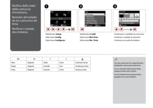 Page 44

Verifica dello stato 
della cartuccia 
d’inchiostro
Revisión del estado 
de los cartuchos de 
tinta
Verificar o estado 
dos tinteiros
C
Continuare o cambiare la cartuccia.
Continúe o cambie el cartucho.
Continue ou mude de tinteiro.
Selezionare Setup.
Seleccione Config.
Seleccione Configurar.
AB
Selezionare Livelli.
Seleccione Nivl tinta.
Seleccione Nív. Tinta.
BKMYC
NeroMagentaGialloCianoInchiostro basso.
NegroMagentaAmarilloCianQueda poca tinta.
PretoMagentaAmareloCianoHá pouca tinta.
Se...