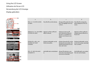 Page 1212
Using the LCD Screen
Utilisation de l’écran LCD
Verwendung der LCD-Anzeige
Display gebruiken
abcd
Press + or - to set the number of copies.Press l or r to set the density.Press u or d to select the menu item. The highlight moves up or down.
Press l or r to change the photo displayed on the LCD screen.
Appuyez sur + ou - pour définir le nombre de copies.Appuyez sur l ou sur r pour définir la densité.Appuyez sur u ou sur d pour sélectionner l’élément de menu. La surbrillance se déplace vers le haut ou...