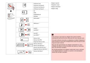 Page 2222
*Adapter required
*Adaptateur requis
*Adapter erforderlich
*Adapter nodig
 c
If the memory card needs an adapter then attach it before inserting the card into the slot, otherwise the card may get stuck.
Si la carte mémoire nécessite un adaptateur, installez l’adaptateur avant d’insérer la carte dans l’emplacement, faute de quoi la carte risque de rester coincée.
Wenn für die Speicherkarte ein Adapter erforderlich ist, dann schließen Sie diesen vor dem Einsetzen der Karte an. Ansonsten kann sich die...