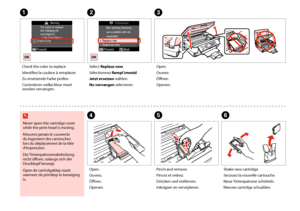 Page 6666
AC
DEF w
Never open the cartridge cover while the print head is moving.
N’ouvrez jamais le couvercle du logement des cartouches lors du déplacement de la tête d’impression.
Die Tintenpatronenabdeckung nicht öffnen, solange sich der Druckkopf bewegt.
Open de cartridgeklep nooit wanneer de printkop in beweging is.
Check the color to replace.
Identifiez la couleur à remplacer.
Zu ersetzende Farbe prüfen.
Controleren welke kleur moet worden vervangen.
Open.
Ouvrez.
Öffnen.
Openen.
Open.
Ouvrez.
Öffnen....