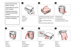 Page 7676
Cannot Pull Out the 
Paper Cassette
Impossible de sortir le 
tiroir à papier
Papierkassette kann 
nicht herausgezogen 
werden
Papiercassette kan niet 
worden verwijderd
A
Unplug.
Débranchez.
Ausstecken.
Kabel los.
BC
Carefully stand the printer on its side.
Placez délicatement l’imprimante sur le côté.
Drucker vorsichtig auf die Seite stellen.
Printer voorzichtig op zijkant zetten.
Carefully pull out.
Tirez délicatement.
Vorsichtig herausziehen.
Voorzichtig naar buiten trekken.
E
Replace.
Réinsérez....