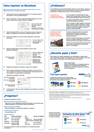 Page 4Cómo imprimir en Windows
1  Cargue papel normal o papel especial Epson® en la impresora para el 
documento o la foto que desea imprimir.
2  Abra el documento o la foto y 
seleccione Imprimir o Configurar 
página en el menú Archivo. Verá 
una ventana como la siguiente:
3  Compruebe que la impresora
EPSON Stylus T20 Series esté 
seleccionada.
4  Haga clic en el botón Preferencias o Propiedades. (Si ve un botón 
Configuración, Impresora u Opciones, haga clic en él primero. 
En la siguiente pantalla, haga...