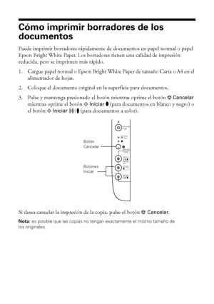 Page 1212Cómo imprimir borradores de los documentos
Cómo imprimir borradores de los 
documentos
Puede imprimir borradores rápidamente de documentos en papel normal o papel 
Epson Bright White Paper. Los borradores tienen una calidad de impresión 
reducida, pero se imprimen más rápido.
1. Cargue papel normal o Epson Bright White Paper de tamaño Carta o A4 en el 
alimentador de hojas.
2. Coloque el documento original en la superficie para documentos.
3. Pulse y mantenga presionado el botón mientras oprime el...