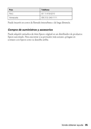 Page 35Dónde obtener ayuda35 Puede incurrir en costos de llamada interurbana o de larga distancia.
Compra de suministros y accesorios
Puede adquirir cartuchos de tinta Epson original en un distribuidor de productos 
Epson autorizado. Para encontrar a su proveedor más cercano, póngase en 
contacto con Epson como se describe arriba.
Perú (51 1) 418-0210
Venezuela (58 212) 240-1111
PaísTeléfono
 