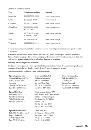 Page 45Avisos45
Centros de asistencia técnica
Si el país no se encuentra en la lista anterior, por favor comuníquese con la empresa que le vendió 
el producto.
A través de Internet usted puede obtener información y ayuda en línea para todos los productos 
Epson. Registre su equipo Epson en nuestra página de Internet, en www.latin.epson.com, haga clic 
en la opción Soporte técnico y luego seleccione Registre su producto.
Soporte y servicio de garantía extendida
En algunos países, Epson le ofrece la posibilidad...