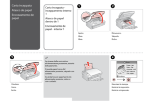 Page 56

B
C
Rimuovere.
Sáquelo.
Retire.
Chiudere.
Cierre.
Feche.
A
Aprire.
Abra.
Abra.
Carta inceppata
Atasco de papel
Encravamento de 
papel
Carta inceppata - 
inceppamento interno 
1
Atasco de papel 
dentro de 1
Encravamento de 
papel - interior 1
Se rimane della carta vicino all’alimentatore posteriore, estrarla delicatamente.
Si queda papel cerca del alimentador posterior, sáquelo con cuidado.
Se ainda houver papel perto do alimentador posterior, retire-o com cuidado.
Q
Riavviare la stampa....