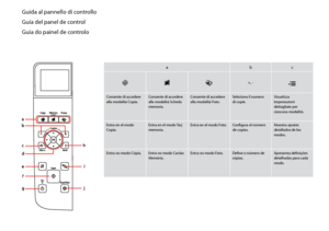 Page 8


Guida al pannello di controllo
Guía del panel de control
Guia do painel de controlo
abc
rCJ+, -x
Consente di accedere alla modalità Copia.Consente di accedere alla modalità Scheda memoria.
Consente di accedere alla modalità Foto.Seleziona il numero di copie.Visualizza impostazioni dettagliate per ciascuna modalità.
Entra en el modo Copia.Entra en el modo Tarj memoria.Entra en el modo Foto.Configura el número de copias.Muestra ajustes detallados de los modos.
Entra no modo Cópia.Entra no modo...