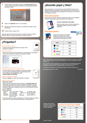 Page 3
6 Cuando se lo indique el sistema, conecte el cable USB. Utilice cualquier 
puerto USB disponible de la computadora.
 Nota: si la instalación no continúa después de unos instantes, compruebe que    
la impresora TX550W esté firmemente conectada y encendida.
7  Siga las instrucciones que aparecen en pantalla para instalar el resto 
del software.
8 Cuando termine, retire el CD.
¡Está listo para imprimir, hacer fotocopias y escanear! Consulte la Guía de 
referencia rápida o el Manual del usuario en formato...