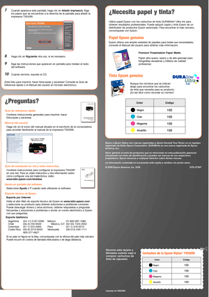 Page 4
6 Cuando se lo indique el sistema, conecte el cable USB. Utilice cualquier 
puerto USB disponible de la computadora.
 Nota: si la instalación no continúa después de unos instantes, compruebe que    
la impresora TX550W esté firmemente conectada y encendida.
7  Siga las instrucciones que aparecen en pantalla para instalar el resto 
del software.
8 Cuando termine, retire el CD.
¡Está listo para imprimir, hacer fotocopias y escanear! Consulte la Guía de 
referencia rápida o el Manual del usuario en formato...