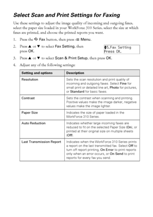 Page 2626Faxing a Document
Select Scan and Print Settings for Faxing
Use these settings to adjust the image quality of incoming and outgoing faxes, 
select the paper size loaded in your WorkForce 310 Series, select the size at which 
faxes are printed, and choose the printed reports you want.
1. Press the K Fax button, then press x Menu.
2. Press u or d to select Fax Setting, then 
press OK.
3. Press u or d to select Scan & Print Setup, then press OK.
4. Adjust any of the following settings:
Setting and...