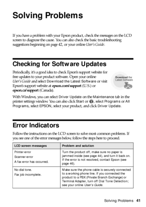 Page 41Solving Problems41
Solving Problems
If you have a problem with your Epson product, check the messages on the LCD 
screen to diagnose the cause. You can also check the basic troubleshooting 
suggestions beginning on page 42, or your online User’s Guide.
Checking for Software Updates
Periodically, it’s a good idea to check Epson’s support website for 
free updates to your product software. Open your online 
User’s Guide and select 
Download the Latest Software or visit 
Epson’s support website at...