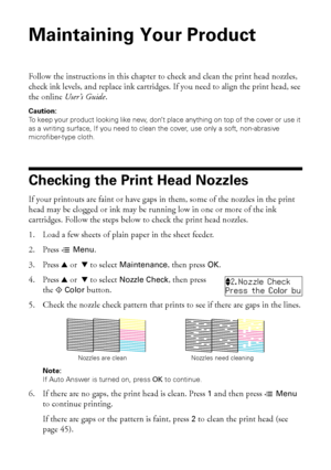 Page 4444Maintaining Your Product
Maintaining Your Product
Follow the instructions in this chapter to check and clean the print head nozzles, 
check ink levels, and replace ink cartridges. If you need to align the print head, see 
the online User’s Guide.
Caution:
To keep your product looking like new, don’t place anything on top of the cover or use it 
as a writing surface, If you need to clean the cover, use only a soft, non-abrasive 
microfiber-type cloth.
Checking the Print Head Nozzles
If your printouts...