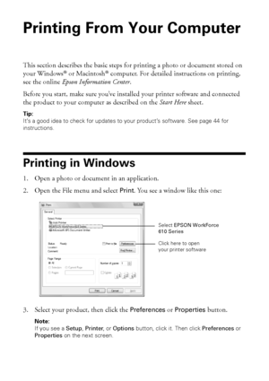 Page 2828Printing From Your Computer
Printing From Your Computer
This section describes the basic steps for printing a photo or document stored on 
your Windows® or Macintosh® computer. For detailed instructions on printing, 
see the online Epson Information Center.
Before you start, make sure you’ve installed your printer software and connected 
the product to your computer as described on the Start Here sheet. 
Tip: 
It’s a good idea to check for updates to your product’s software. See page 44 for...