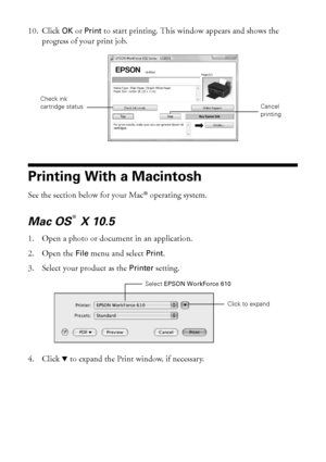 Page 3030Printing From Your Computer
10. Click OK or Print to start printing. This window appears and shows the 
progress of your print job.
Printing With a Macintosh
See the section below for your Mac® operating system.
Mac OS  X 10.5
1. Open a photo or document in an application.
2. Open the File menu and select Print.
3. Select your product as the Printer setting.
4. Click d to expand the Print window, if necessary.
Cancel 
printing
Check ink cartridge status
®
Click to expand
Select EPSON WorkForce 610
 