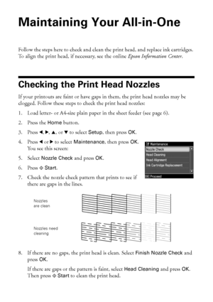 Page 3838Maintaining Your All-in-One
Maintaining Your All-in-One
Follow the steps here to check and clean the print head, and replace ink cartridges. 
To align the print head, if necessary, see the online Epson Information Center.
Checking the Print Head Nozzles
If your printouts are faint or have gaps in them, the print head nozzles may be 
clogged. Follow these steps to check the print head nozzles:
1. Load letter- or A4-size plain paper in the sheet feeder (see page 6).
2. Press the Home button.
3. Press l,...