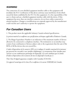 Page 5858Notices
WARNING 
The connection of a non-shielded equipment interface cable to this equipment will 
invalidate the FCC Certification of this device and may cause interference levels which 
exceed the limits established by the FCC for this equipment. It is the responsibility of the 
user to obtain and use a shielded equipment interface cable with this device. If this 
equipment has more than one interface connector, do not leave cables connected to 
unused interfaces. Changes or modifications not...