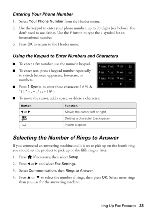 Page 23Setting Up Fax Features23
Entering Your Phone Number
1. Select Your Phone Number from the Header menu.
2. Use the keypad to enter your phone number, up to 20 digits (see below). You 
don’t need to use dashes. Use the # button to type the + symbol for an 
international number.
3. Press OK to return to the Header menu.
Using the Keypad to Enter Numbers and Characters
■To enter a fax number, use the numeric keypad. 
■To enter text, press a keypad number repeatedly 
to switch between uppercase, lowercase, or...