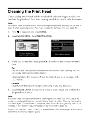 Page 3030Cleaning the Print Head
Cleaning the Print Head
If print quality has declined and the nozzle check indicates clogged nozzles, you 
can clean the print head. Print head cleaning uses ink, so clean it only if necessary.
Note:
You cannot clean the print head if an ink cartridge is expended, and may not be able to 
clean it when a cartridge is low. You must replace the cartridge first (see page 32).
1. Press   if necessary and select Setup.
2. Select Maintenance, then Head Cleaning.
3. When you see the...