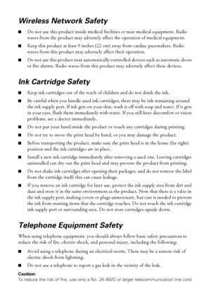 Page 5656Notices
Wireless Network Safety
■Do not use this product inside medical facilities or near medical equipment. Radio 
waves from the product may adversely affect the operation of medical equipment.
■Keep this product at least 9 inches (22 cm) away from cardiac pacemakers. Radio 
waves from this product may adversely affect their operation.
■Do not use this product near automatically controlled devices such as automatic doors 
or fire alarms. Radio waves from this product may adversely affect these...