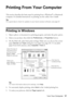 Page 17Printing From Your Computer17
Printing From Your Computer
This section describes the basic steps for printing from a Windows® or Macintosh 
computer. For detailed instructions on printing, see the online User’s Guide.
Tip:
It’s a good idea to check for updates to your Epson product software; see page 47.
Printing in Windows
1. Open a photo or document in a printing program, and select the print option.
2. Select your product, then click the Preferences or Properties button.
3. On the Main tab, select...