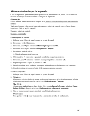 Page 107107
Alinhamento do cabeçote de impressão
Caso as impressões apresentem aspecto granulado ou pouca nitidez ou, ainda, faixas claras ou 
escuras, talvez seja necessário alinhar o cabeçote de impressão. 
Observação:
Faixas também podem aparecer na imagem se os jatos do cabeçote de impressão precisarem de 
limpeza.
Você pode limpar o cabeçote de impressão usando o painel de controle ou o software da sua 
impressora. Veja as seções a seguir:
Usando o painel de controle
Usando o computador
Usando o painel de...