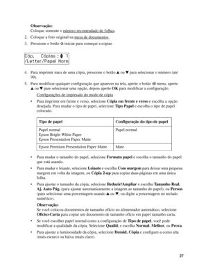 Page 2727 Observação:
Coloque somente o número recomendado de folhas
.
2. Coloque a foto original na mesa de documentos
.
3. Pressione o botão   iniciar para começar a copiar.
4. Para imprimir mais de uma cópia, pressione o botão  ou  para selecionar o número (até 
99).
5. Para modificar qualquer configuração que aparecer na tela, aperte o botão   menu, aperte 
ou  pare selecionar uma opção, depois aperte OK para modificar a configuração.
Configurações de impressão do modo de cópia
• Para imprimir em frente e...