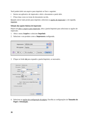 Page 3838 Você poderá abrir um arquivo para imprimir se fizer o seguinte:
• Iniciar um aplicativo de impressão e abrir o documento a partir dele.
• Clicar duas vezes no ícone do documento na tela.
Quando estiver tudo pronto para imprimir, selecione as opções de impressão
 e, em seguida, 
imprimir
.
Seleção das opções básicas de impressão
Depois de abrir o arquivo para impressão
, abra a janela Imprimir para selecionar as opções de 
impressão.
1. Abra o menu Arquivo e selecione Imprimir.
2. Selecione o seu...