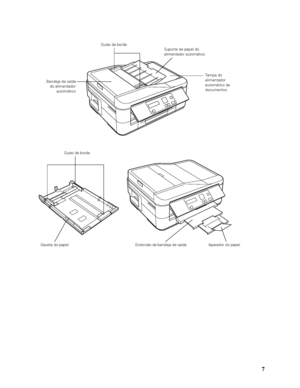 Page 77
Guias da borda
Bandeja de saída
do alimentador
automáticoSuporte de papel do 
alimentador automático
Tampa do 
alimentador 
automático de 
documentos
Aparador do papel Guias da borda
Extensão da bandeja de saídaGaveta do papel
 