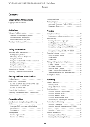 Page 11Contents
Copyright and Trademarks
Copyright and Trademarks................... 2
Guidelines
Where to Find Information................... 4
Available features for your product........... 4
Illustrations used in this guide............... 4
Menu names used in this guide.............. 4
Warnings, Cautions, and Notes................ 5
Safety Instructions
Important Safety Instructions................. 6
Setting up the product..................... 6
Choosing a place for the product............. 7
Using the...