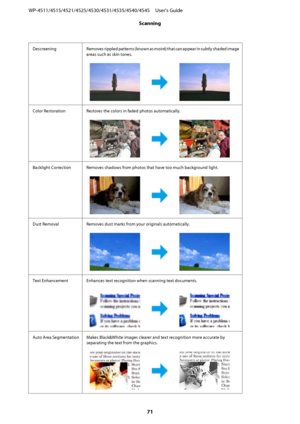 Page 71Descreening Removes rippled patterns (known as moiré) that can appear in subtly shaded image
areas such as skin tones.
Color Restoration Restores the colors in faded photos automatically.
Backlight Correction Removes shadows from photos that have too much background light.
Dust Removal Removes dust marks from your originals automatically.
Text Enhancement Enhances text recognition when scanning text documents.
Auto Area Segmentation Makes Black&White images clearer and text recognition more accurate by...