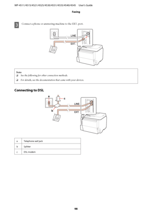 Page 98C
Connect a phone or answering machine to the EXT. port.
Note:
❏See the following for other connection methods.
❏For details, see the documentation that came with your devices.
Connecting to DSL
a Telephone wall jack
bSplitter
cDSL modem
WP-4511/4515/4521/4525/4530/4531/4535/4540/4545     User’s Guide
Faxing
98
 