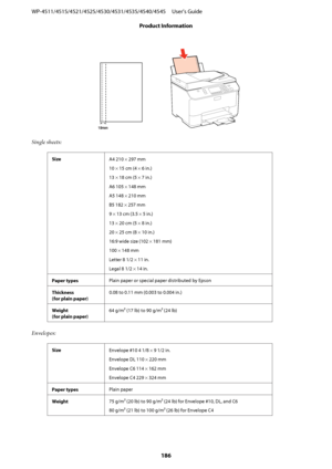 Page 186Single sheets:
Size
A4 210 × 297 mm
10 × 15 cm (4 × 6 in.)
13 × 18 cm (5 × 7 in.)
A6 105 × 148 mm
A5 148 × 210 mm
B5 182 × 257 mm
9 × 13 cm (3.5 × 5 in.)
13 × 20 cm (5 × 8 in.)
20 × 25 cm (8 × 10 in.)
16:9 wide size (102 × 181 mm)
100 × 148 mm
Letter 8 1/2 × 11 in.
Legal 8 1/2 × 14 in.
Paper typesPlain paper or special paper distributed by Epson
Thickness
(for plain paper)0.08 to 0.11 mm (0.003 to 0.004 in.)
Weight
(for plain paper)64 g/m² (17 lb) to 90 g/m² (24 lb)
Envelopes:
Size
Envelope #10 4 1/8 × 9...