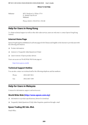 Page 200Makassar MTC Karebosi Lt. Ill Kav. P7-8
JI. Ahmad Yani No.49
Makassar
Phone: (62)411-350147/411-350148
Help for Users in Hong Kong
To obtain technical support as well as other after-sales services, users are welcome to contact Epson Hong Kong
Limited.
Internet Home Page
Epson Hong Kong has established a local home page in both Chinese and English on the Internet to provide users with
the following information:
❏Product information
❏Answers to Frequently Asked Questions (FAQs)
❏Latest versions of Epson...