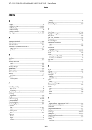 Page 203Index
2
2-Sided..............................................................................................83
2-Sided Copying.....................................................................92, 120
2-Sided Faxing......................................................................117, 121
2-Sided Printing..............................................................................46
2-Sided Scanning..........................................................................120
2-up...