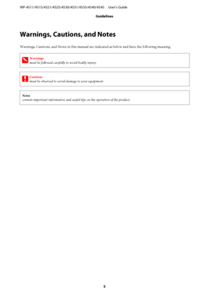Page 5Warnings, Cautions, and Notes
Warnings, Cautions, and Notes in this manual are indicated as below and have the following meaning.
w
Warnings
must be followed carefully to avoid bodily injury.
c
Cautions
must be observed to avoid damage to your equipment.
Notes
contain important information and useful tips on the operation of the product.
WP-4511/4515/4521/4525/4530/4531/4535/4540/4545     User’s Guide
Guidelines
5
 