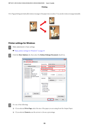 Page 55Fit to Page printing automatically resizes your page to the paper size you select. You can also resize your page manually.
Printer settings for Windows
A
Make adjustments to basic settings.
& “Basic printer settings for Windows” on page 40
B
Click the More Options tab, then select the Reduce/Enlarge Document check box.
C
Do one of the following:
❏If you selected Fit to Page, select the size of the paper you are using from the Output Paper.
❏If you selected Zoom to, use the arrows to choose a percentage....