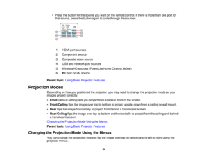 Page 64

•
Press thebutton forthe source youwant onthe remote control. Ifthere ismore thanoneport for
 that
source, pressthebutton againtocycle through thesources.
 1
 HDMI
portsources
 2
 Component
source
 3
 Composite
videosource
 4
 USB
andnetwork portsources
 5
 WirelessHD
sources(PowerLite HomeCinema 3600e)
 6
 PC
port (VGA) source
 Parent
topic:UsingBasicProjector Features
 Projection
Modes
 Depending
onhow youpositioned theprojector, youmay need tochange theprojection modesoyour
 images...