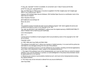 Page 180

A
png_get_copyright functionisavailable, forconvenient useinabout boxesandthelike:
 printf(%s,png_get_copyright(NULL));

Also,
thePNG logo(inPNG format, ofcourse) issupplied inthe files pngbar.png andpngbar.jpg
 (88x31)
andpngnow.png (98x31).
 Libpng
isOSI Certified OpenSource Software. OSICertified OpenSource isacertification markofthe
 Open
Source Initiative.
 Glenn
Randers-Pehrson
 glennrp@users.sourceforge.net

March
29,2012
 zlib

This
projector productincludes theopen source software...