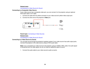 Page 29

Related
tasks
 Connecting
toaVideo Source forSound
 Connecting
toaComposite VideoSource
 If
your video source hasacomposite videoport,youcanconnect itto the projector usinganoptional
 RCA-style
videoorA/V cable.
 1.
Connect thecable withtheyellow connector toyour video sources yellowvideooutput port.
 2.
Connect theother endtothe projectors Videoport.
 Parent
topic:Connecting toVideo Sources
 Related
tasks
 Connecting
toaVideo Source forSound
 Connecting
toaVideo Source forSound
 You
canplay sound...