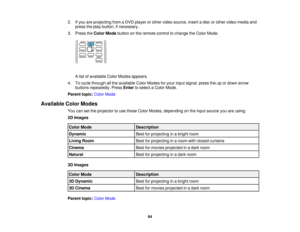 Page 64

2.
Ifyou areprojecting fromaDVD player orother video source, insertadisc orother video media and
 press
theplay button, ifnecessary.
 3.
Press theColor Mode button onthe remote controltochange theColor Mode.
 A
list ofavailable ColorModes appears.
 4.
Tocycle through allthe available ColorModes foryour input signal, presstheupordown arrow
 buttons
repeatedly. PressEntertoselect aColor Mode.
 Parent
topic:ColorMode
 Available
ColorModes
 You
cansetthe projector touse these ColorModes, depending onthe...